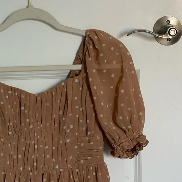 Abercrombie & Fitch Tan Polka Dot Ruched Puff Sleeve Mini Dress 29690 - Picture 6 of 16